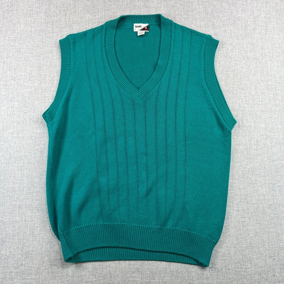 Vintage 90s Staff by Wilson Sweater Vest Mens Large Green Ribbed Cotton USA Made - Picture 1 of 7